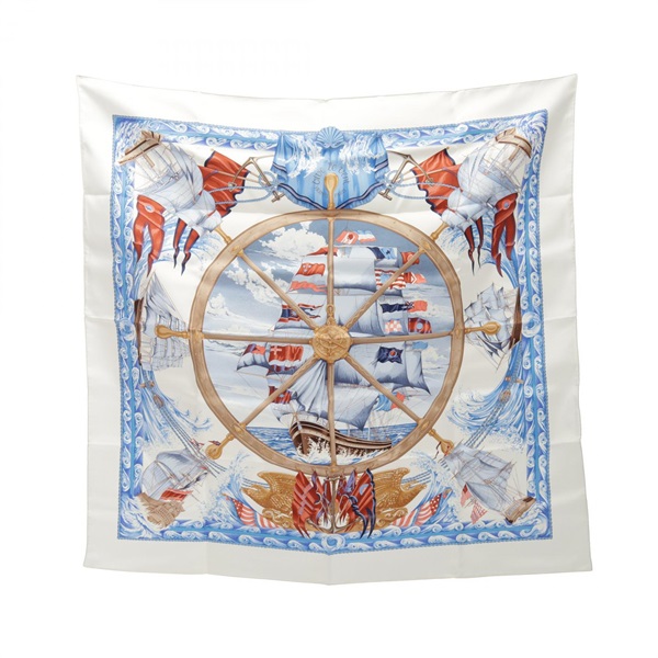 HERMES Carre 90 VIVE LE VENT Scarf Stole Wrap Foulard silk White Used