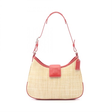 COACH Shoulder Bag leather Raffia straw Beige Red Used Women