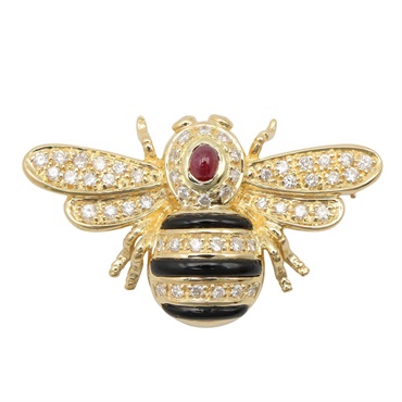 JEWELRY Ruby Diamond Onyx Ruby Brooch Pin 18KYG Yellow Gold Red Used Women