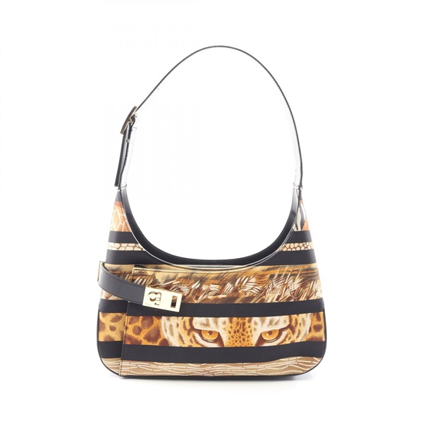 Salvatore Ferragamo Gancini Animal Shoulder Bag canvas leather Brown Black Used
