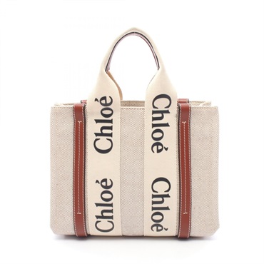 Chloe WOODY Small Tote Handbag canvas leather Beige Brown Used Women Logo