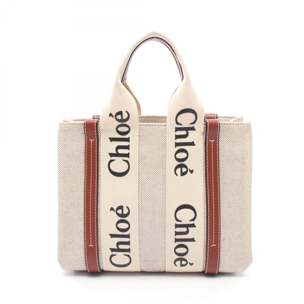 Chloe WOODY Small Tote Handbag canvas leather Beige Brown Used Women Logo