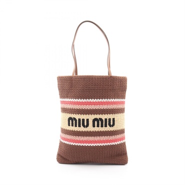 Miu Miu TESSUTO STRIPES Crochet Shoulder Tote Bag Leather Fabric Brown NEW Women