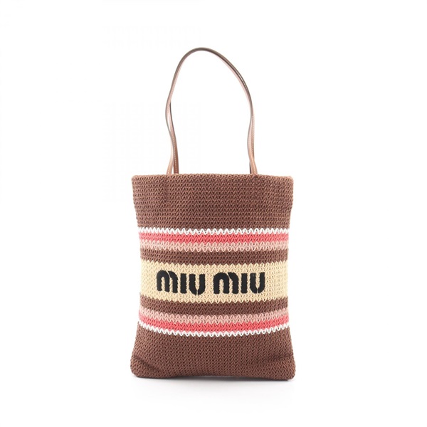 Miu Miu TESSUTO STRIPES Crochet Shoulder Tote Bag Leather Fabric Brown NEW Women