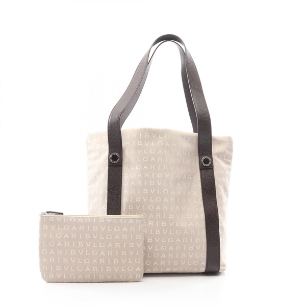 BVLGARI Logo mania Shoulder Tote Bag canvas leather Beige Brown Used Women