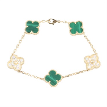 VAN CLEEF ARPELS Vintage Alhambra Malachite Diamond Bracelet 18KYG Gold Women