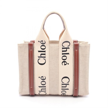 Chloe WOODY Small Logo Tote Handbag canvas leather Beige Brown Used Women