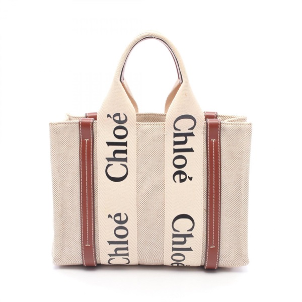 Chloe WOODY Small Logo Tote Handbag canvas leather Beige Brown Used Women