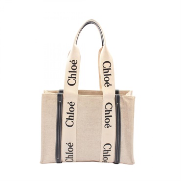 Chloe WOODY Medium Tote Shoulder Bag CHC22AS383I26 canvas leather Beige Used