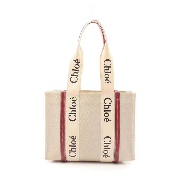 Chloe WOODY Medium Shoulder Tote Bag canvas leather Beige Bordeaux Used Women