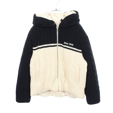 Miu Miu Logo Cable Knit Hooded Zip-Up Down jacket #36 wool Navy White Used Women