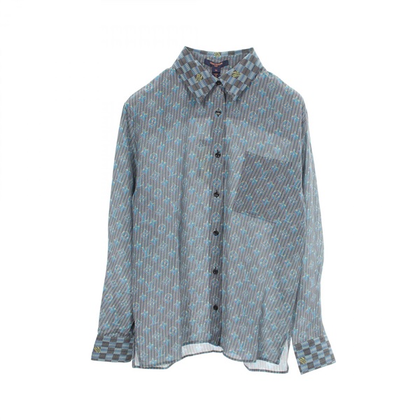 LOUIS VUITTON Monogram Damier long sleeve Shirt RW192B RVC FHTO50 silk Blue #34