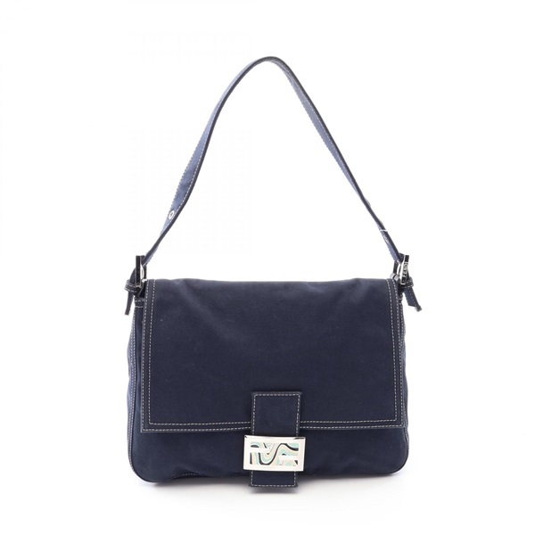 FENDI Mamma Bucket Shoulder Handbag canvas leather Navy SHW Used Women