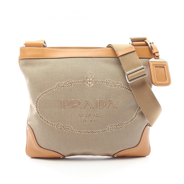 PRADA LOGO JACQUARD crossbody Shoulder Bag canvas leather Beige Brown Used Women