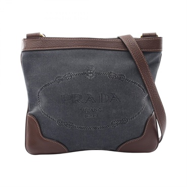 PRADA Logo jacquard Shoulder crossbody Bag canvas leather Navy Brown Used Women