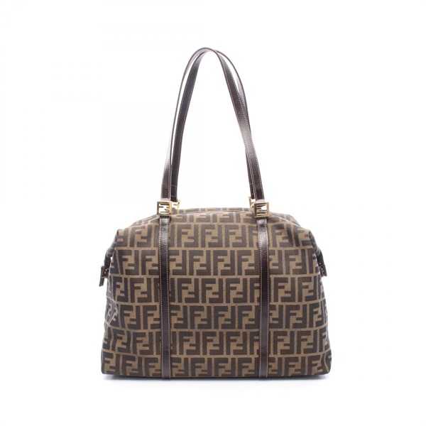 FENDI Zucca Zipper Tote Shoulder Bag canvas leather Brown Used Women