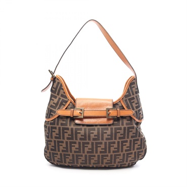 FENDI Zucca Shoulder Handbag canvas leather Black Brown Used Women