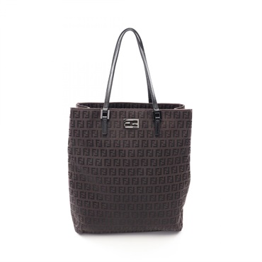 FENDI Zucchino Tote Shoulder Handbag canvas leather Brown Used Women FF