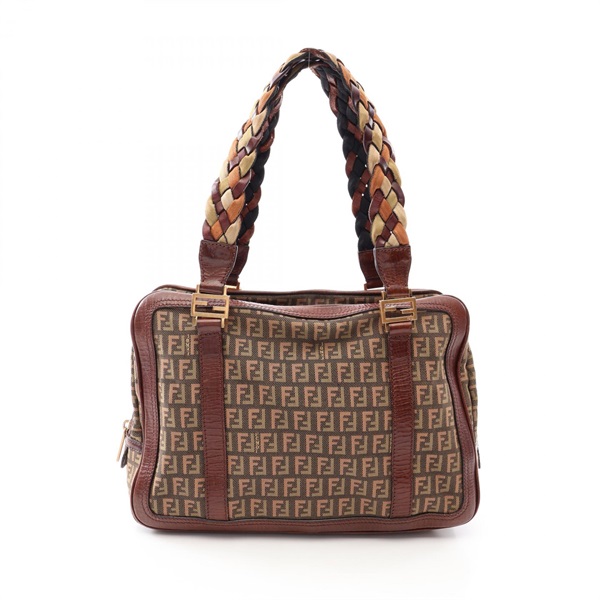 FENDI Zucchino Shoulder Handbag canvas leather Khaki Brown Used Women