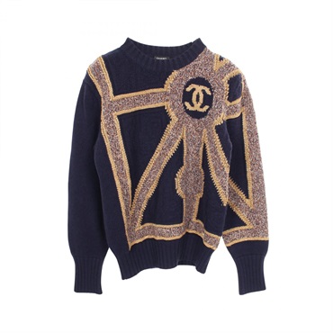 CHANEL COCO Mark knitwear cashmere Viscose Navy Gold Brown Used Women size 36