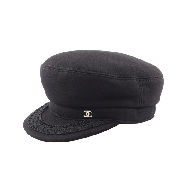 CHANEL Coco Beach Newsboy Cap Hat 55cm cotton Black Used Women CCC