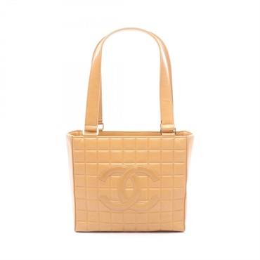 CHANEL Chocolate bar Tote Hand Bag Lambskin sheep leather Beige Used Women GHW