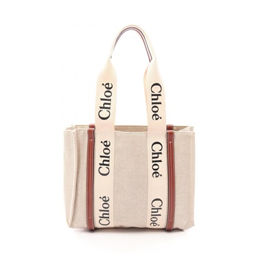 Chloe WOODY Medium Hand Tote Bag canvas leather Beige Brown Used Women Logo