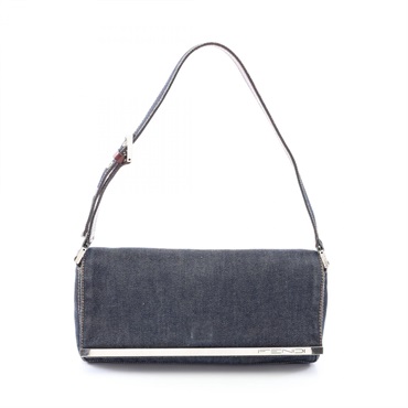 FENDI Logo Shoulder Bag 26640 Denim leather Navy Brown Used Women