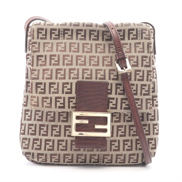 FENDI Zucchino Crossbody Shoulder Bag canvas leather Beige Brown Used Women