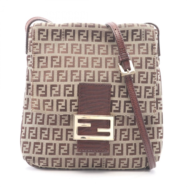 FENDI Zucchino Crossbody Shoulder Bag canvas leather Beige Brown Used Women
