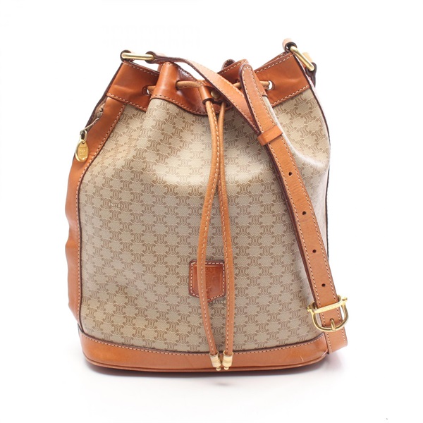 CELINE Macadam Shoulder Crossbody Bag canvas leather Beige Brown Used Women
