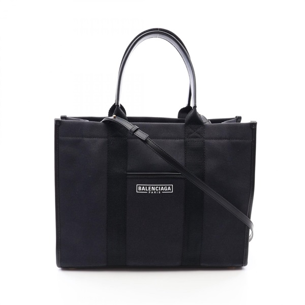 BALENCIAGA HARDWARE Shoulder Tote Bag canvas leather Black White Used Women