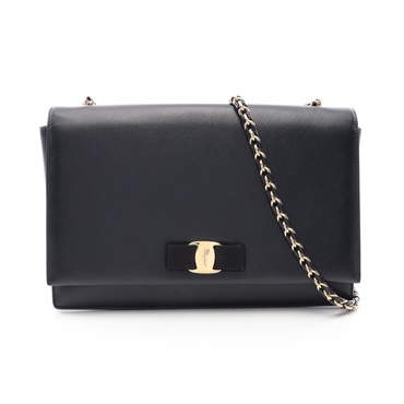 Salvatore Ferragamo Vara ribbon Chain Shoulder Crossbody Bag leather Black Used