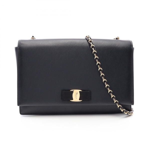 Salvatore Ferragamo Vara ribbon Chain Shoulder Crossbody Bag leather Black Used