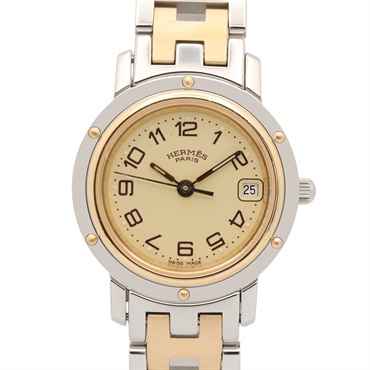 HERMES Clipper Combination Wrist Watch CL4.220 Quartz Gold Plated SS Used Women