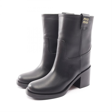 Miu Miu logo Short boots Heels Shoes #36 1/2 leather Black Used Women Preowned