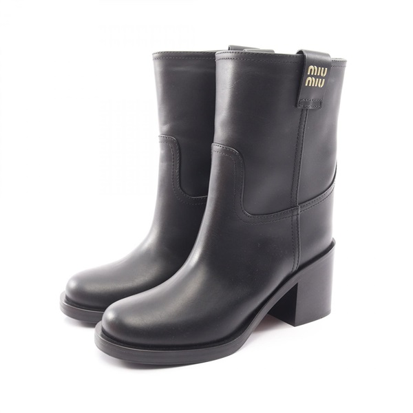 Miu Miu logo Short boots Heels Shoes #36 1/2 leather Black Used Women Preowned