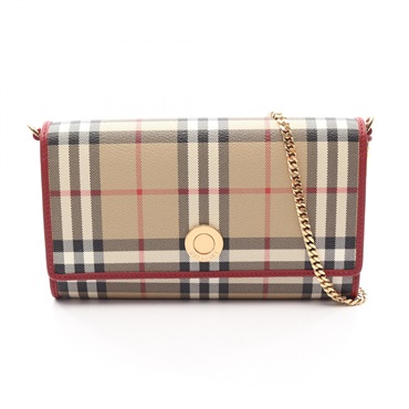 BURBERRY Nova Check Chain Shoulder Bag Canvas leather Beige Red Preowned WOC