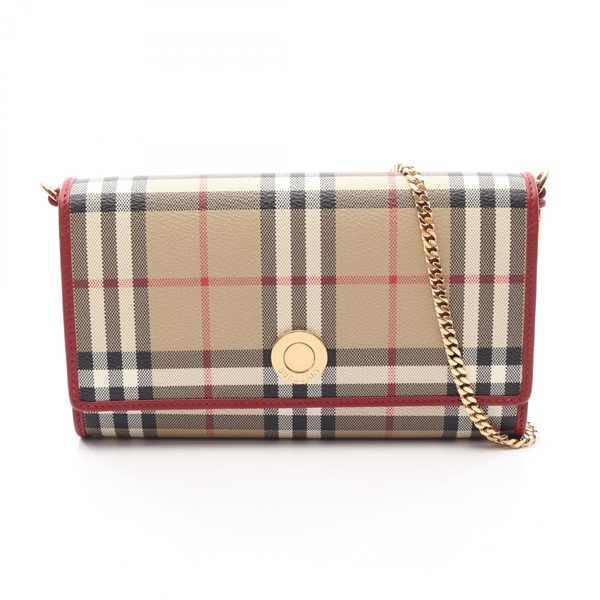 BURBERRY Nova Check Chain Shoulder Bag Canvas leather Beige Red Preowned WOC