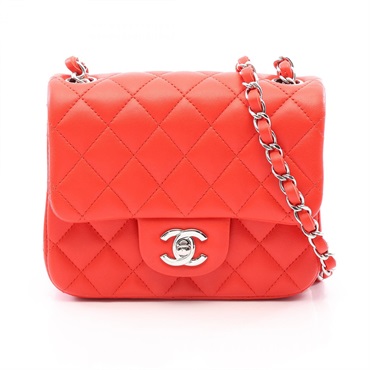 CHANEL Mini Matelasse Chain Shoulder Crossbody Handbag Lamb leather Red SHW Used