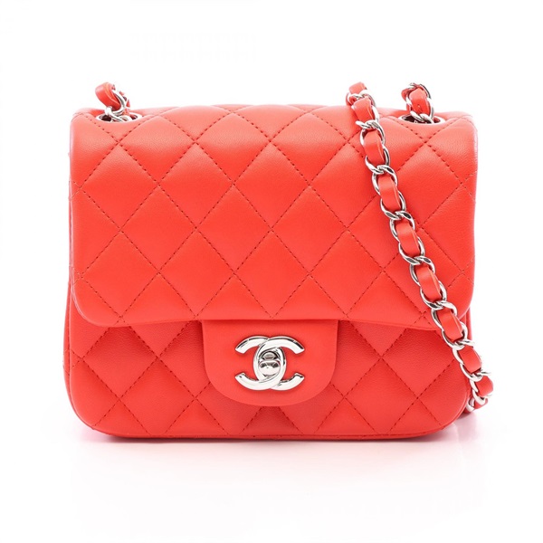 CHANEL Mini Matelasse Chain Shoulder Crossbody Handbag Lamb leather Red SHW Used