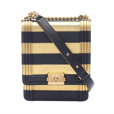 CHANEL Boy Chanel North-South Border Shoulder Bag Lamb leather Gold Navy Used