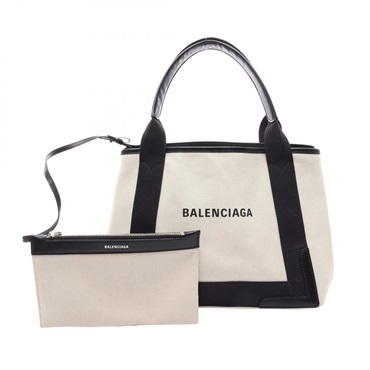 BALENCIAGA NAVY CABAS S hand Tote Bag 339933 canvas leather Beige Black Used