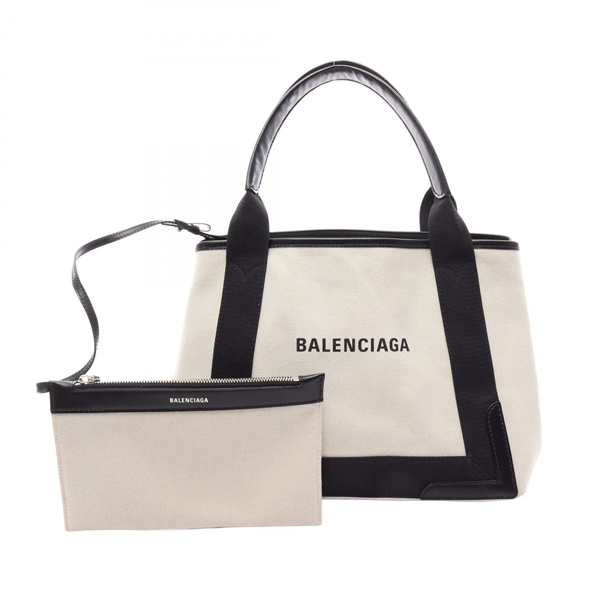 BALENCIAGA NAVY CABAS S hand Tote Bag 339933 canvas leather Beige Black Used
