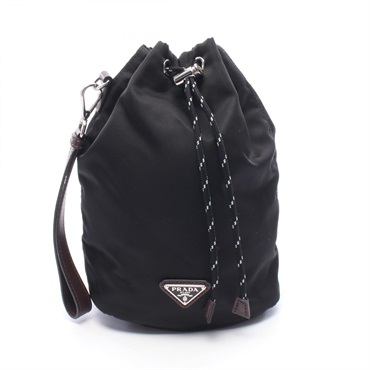 PRADA Triangle logo Pouch purse drawstring Nylon leather Black Brown Used Women