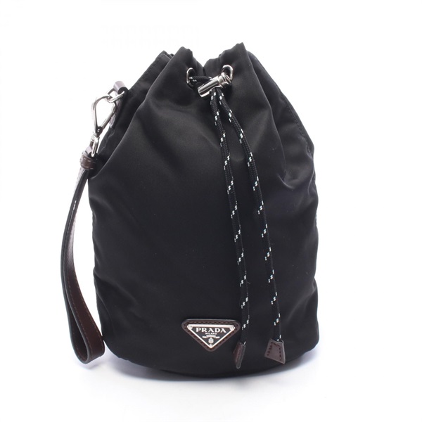 PRADA Triangle logo Pouch purse drawstring Nylon leather Black Brown Used Women