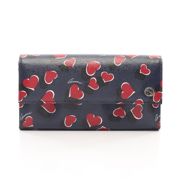 GUCCI Interlocking G Heartbeat Bifold Purse Wallet 309702 leather Navy Red Used