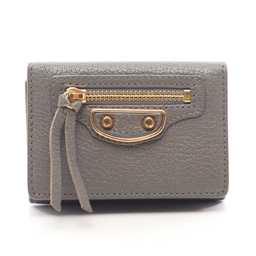 BALENCIAGA Classic Edge City Mini Wallet Tri-fold purse 470059 leather Gray Used