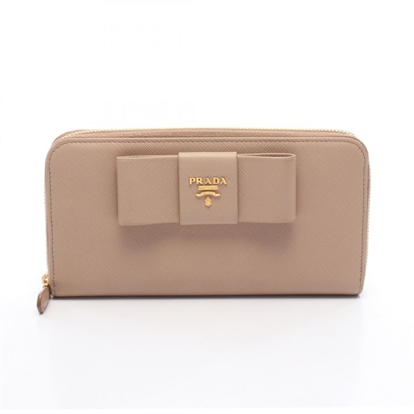 PRADA ribbon Around long wallet purse 1ML506 leather Beige Used Women