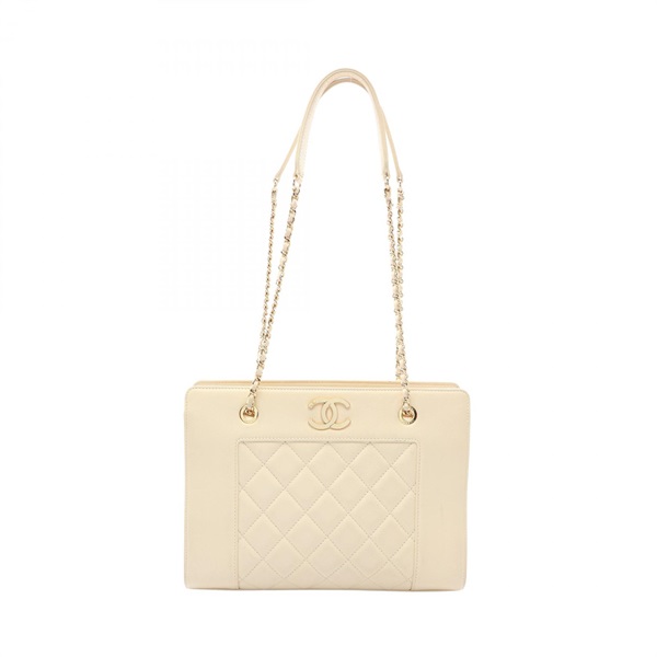CHANEL Mademoiselle Tote Bag leather Beige Used Women Coco CC